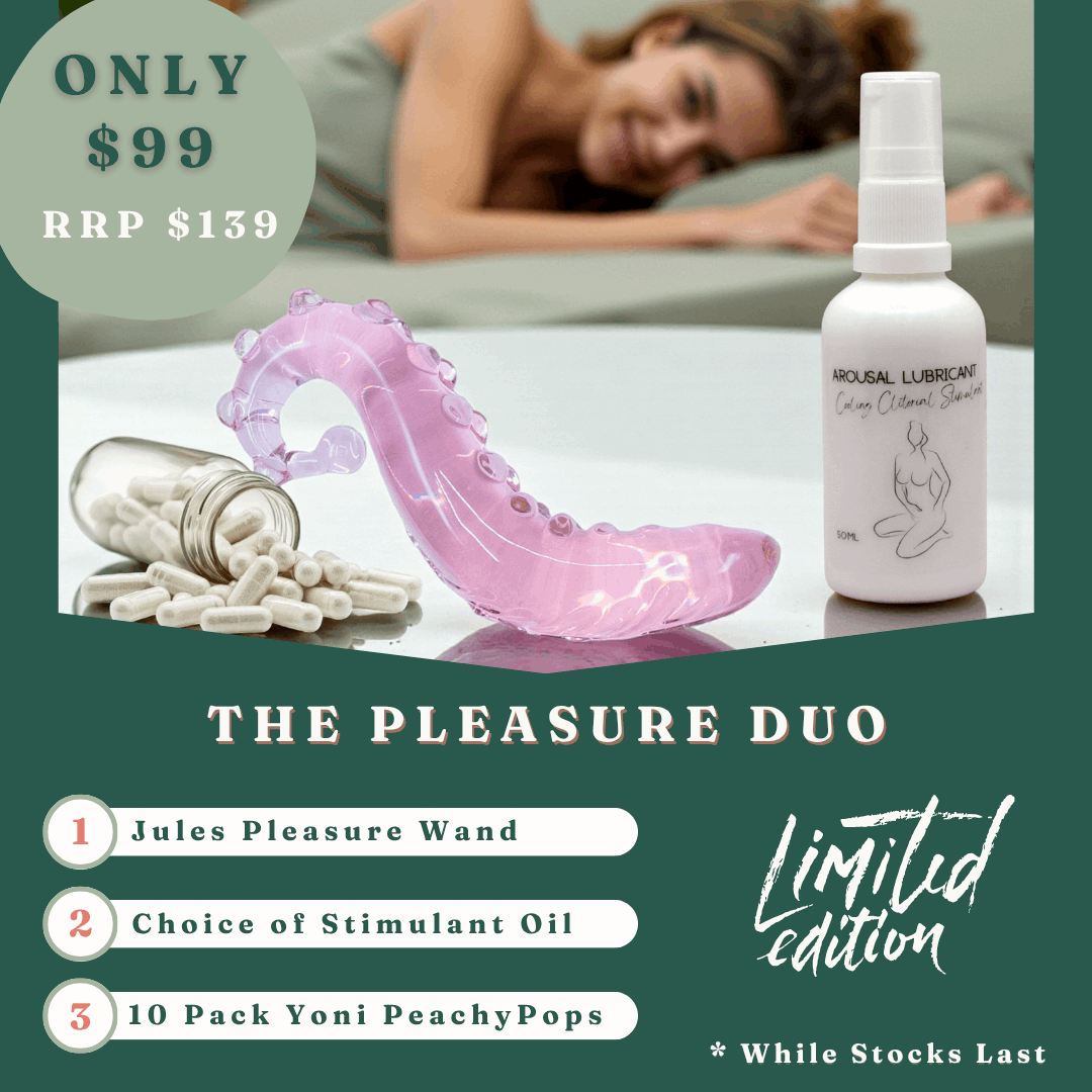 The Pleasure Duo
1
Jules Pleasure Wand
2
3
10 Pack Yoni PeachyPops
Choice of Stimulant Oil
* While Stocks Last