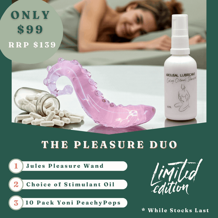 The Pleasure Duo
1
Jules Pleasure Wand
2
3
10 Pack Yoni PeachyPops
Choice of Stimulant Oil
* While Stocks Last