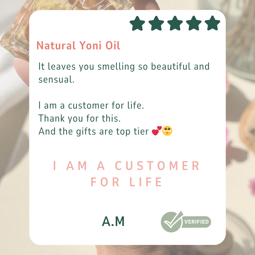 Phone screen showing a bottle of natural yoni oil with a five-star review card on a floral background Gaiae.Yoni_oil_customer_review.. Was so happy to have access to the pearls here in Aus. 

Super quick delivery and I felt it was sent to me personally with so much heart.
Was so happy to have