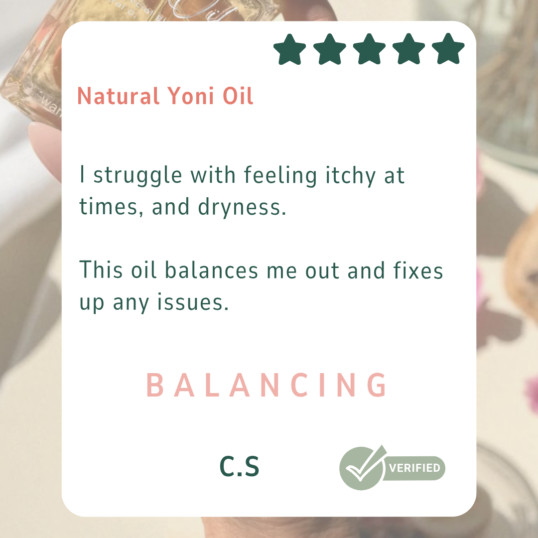 Phone screen showing a bottle of natural yoni oil with a product review card on a floral background Gaiae.Yoni_oil_customer_review.T I struggle with feeling itchy at times, and dryness. 

This oil balances me out and fixes up any issues.
