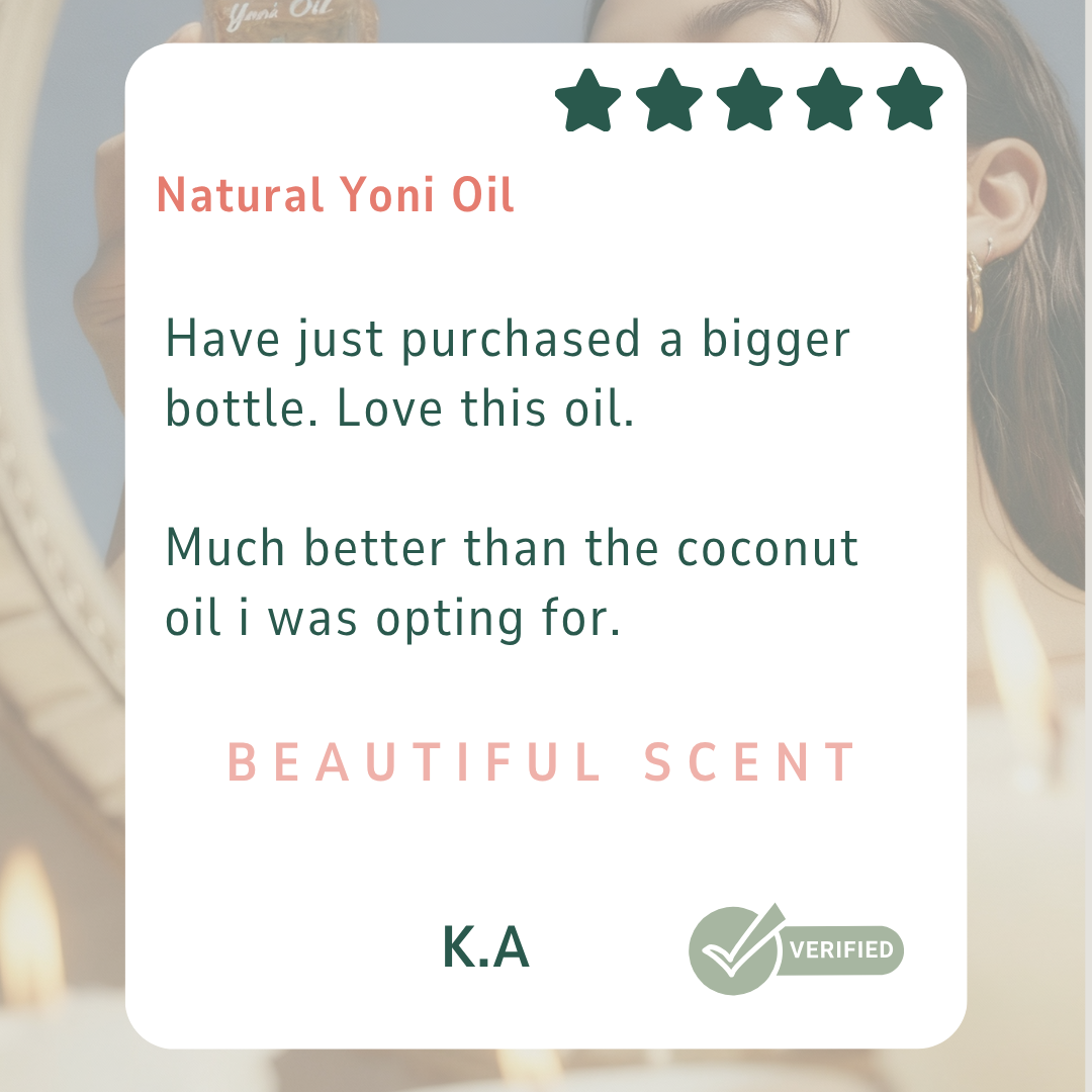 Phone screen showing a bottle of natural yoni oil with a product review card on a floral background Beautiful scent. 

Have just purchased a bigger bottle. Love this oil. 

Much better than the coconut oil
i was opting for.

KA