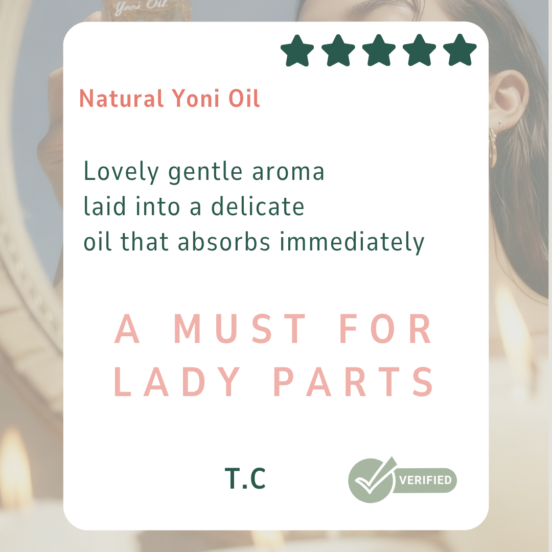 Phone screen displaying a product review for 'Natural Yoni Oil' with a hand holding the oil bottle. Gaiae.Yoni_oil_customer_review. Lovely gentle aroma laid into a delicate oil that absorbs immediately. 

A must for lady parts.