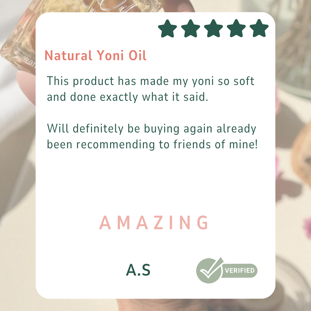 Product review card for Natural Yoni Oil with a phone displaying the product and a five-star rating. Gaiae.Yoni_oil_customer_review. This product has made my yoni so soft and done exactly what it said.

Will definitely be buying again already been recommending to friends of mine! amazing 