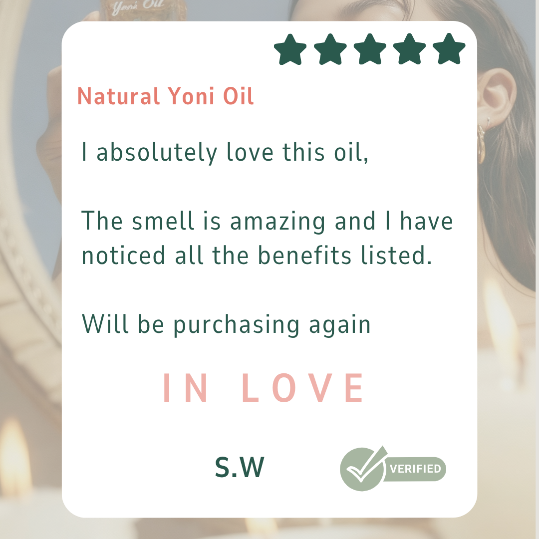 Phone screen displaying a product review for Natural Yoni Oil with a five-star rating and verified badge. IN LOVE ! I absolutely love this oil, 
The smell is amazing and I have noticed all the benefits listed.

Will be purchasing again