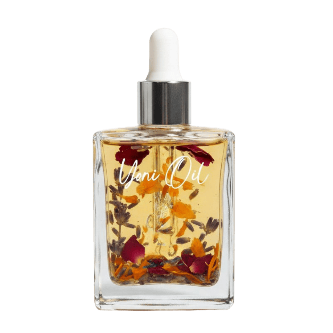 Hand holding a glass dropper bottle with a white cap against a white  Gaiae_Natural_Yoni_oil_Vulva_Oilbackground