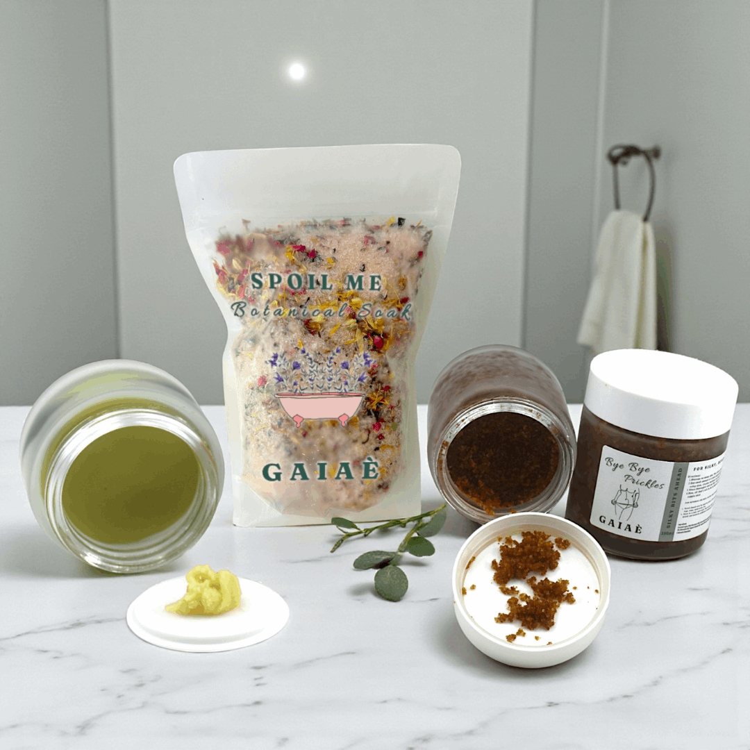 Cleanse. Exfoliate. Reclaim.
 The Self-Love Shower Set is your sacred escape from the mundane.
✨ This 3-step ritual includes:
A nourishing Botanical Soap Blend to cleanse without stripping
A smoothing Body Scrub to awaken your skin
A soothing Yoni Balm to hydrate and protect your most sensitive areas
💫 Use it for post-shave softness, cycle care, or your daily drop-in moment.
🗝️ Bonus: Choose your free crystal keychain based on your zodiac or intention — available only while stocks last.