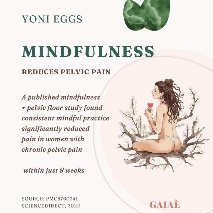 Mindfulness
Source: PMC8760341
ScienceDirect, 2022
reduces pelvic pain
A published mindfulness 
+ pelvic floor study found 
consistent mindful practice significantly reduced
pain in women with
chronic pelvic pain

 within just 8 weeks
yoni eggs