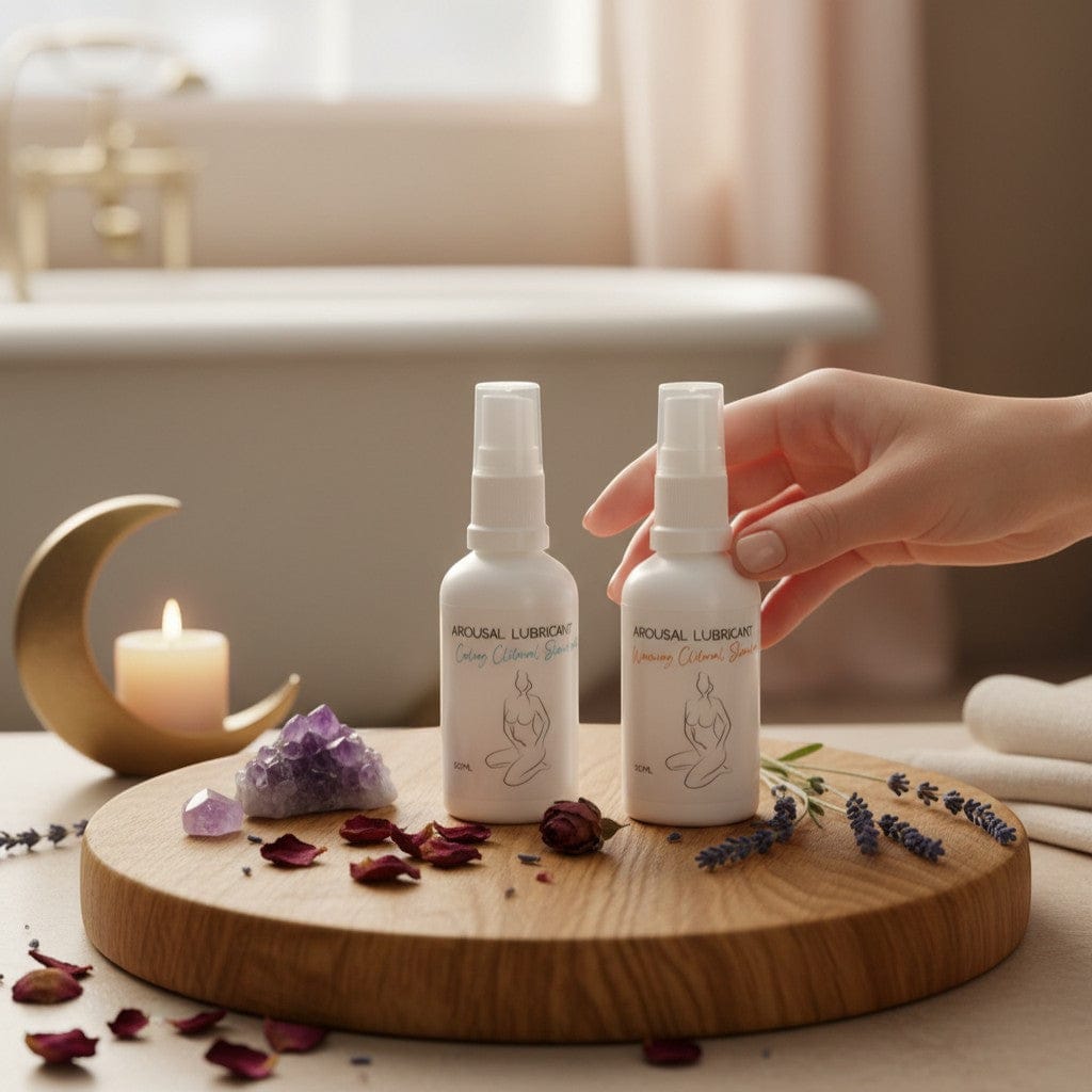 Gaiaé Clitoral Arousal Oil in Warming and Cooling formulas. Botanical stimulant for heightened pleasure and intensified orgasm. 50ml bottles.