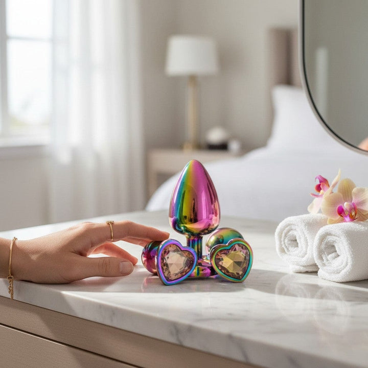 Gaia rainbow stainless steel heart butt plug set of 3, smooth, sleek, tear-drop shape, perfect for beginners.