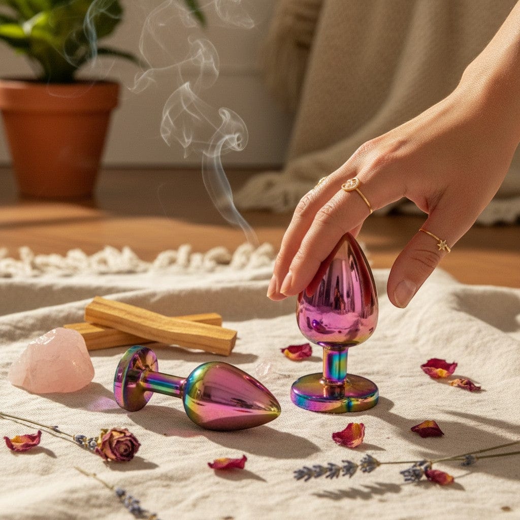 Gaiaé rainbow stainless steel heart butt plug set of 3, smooth, sleek, tear-drop shape, perfect for beginners.