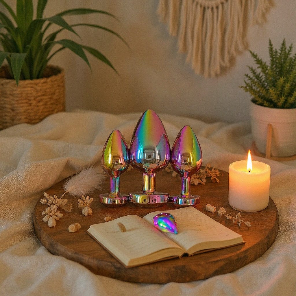 Gaia rainbow stainless steel heart butt plug set of 3. Smooth, sleek, teardrop shape, perfect for beginners. Includes small, medium, and large sizes.