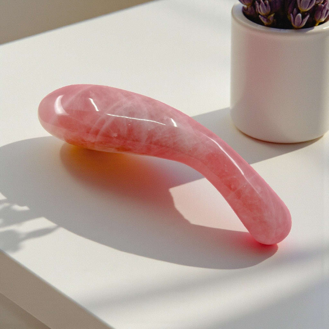 Gaiae Rose Quartz Dildo • Earth Love & Healing Gaia Crystal Wands  light table 