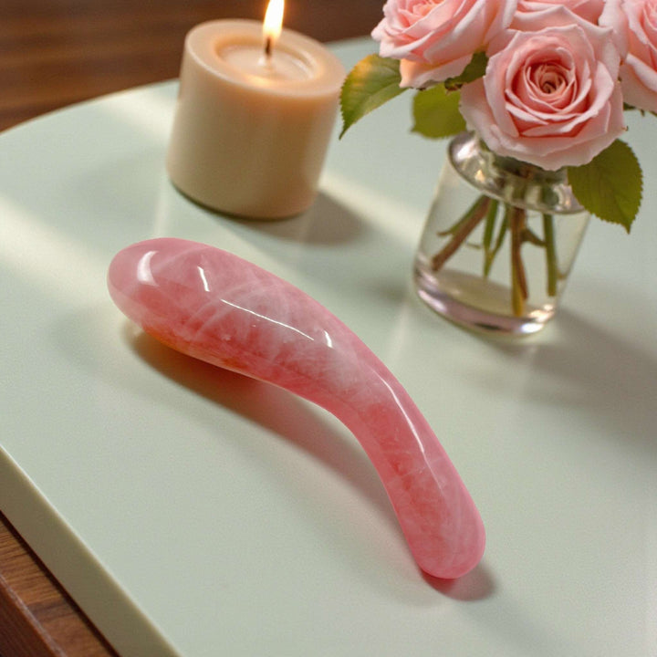 Gaiae Rose Quartz Dildo • Earth Love & Healing Gaia Crystal Wands  green marble table, candles and flowers