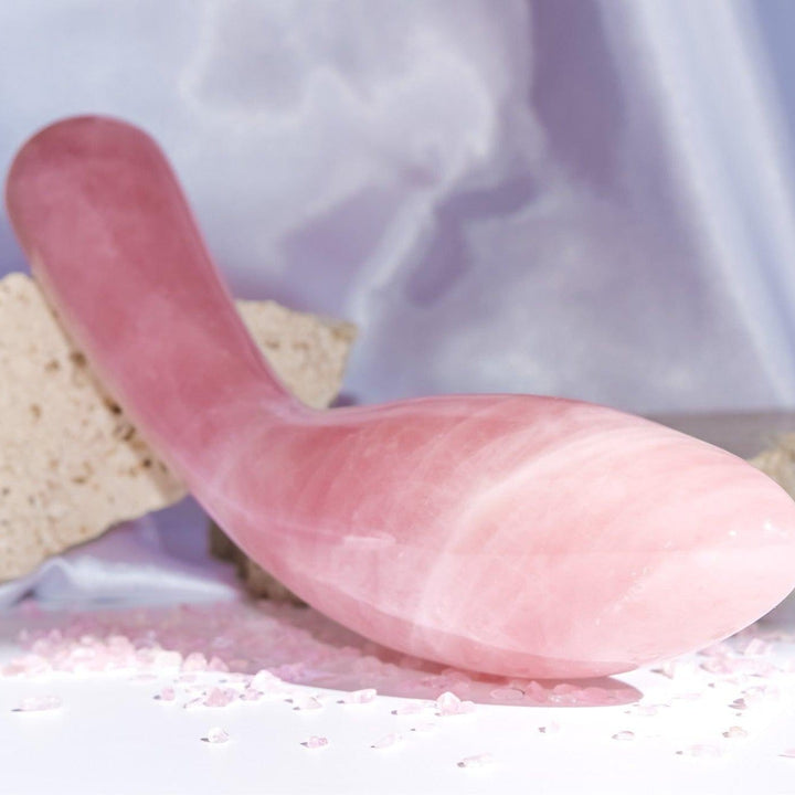 Gaiae Rose Quartz Dildo • Earth Love & Healing Gaia Crystal Wands  natural stone, white linens