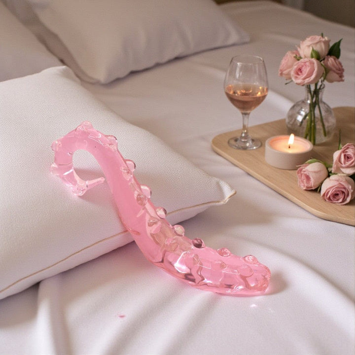 Gaiae Glass Wands  Ribbed Squirting Toy •  G-Spot • Jules bed, white sheets 
