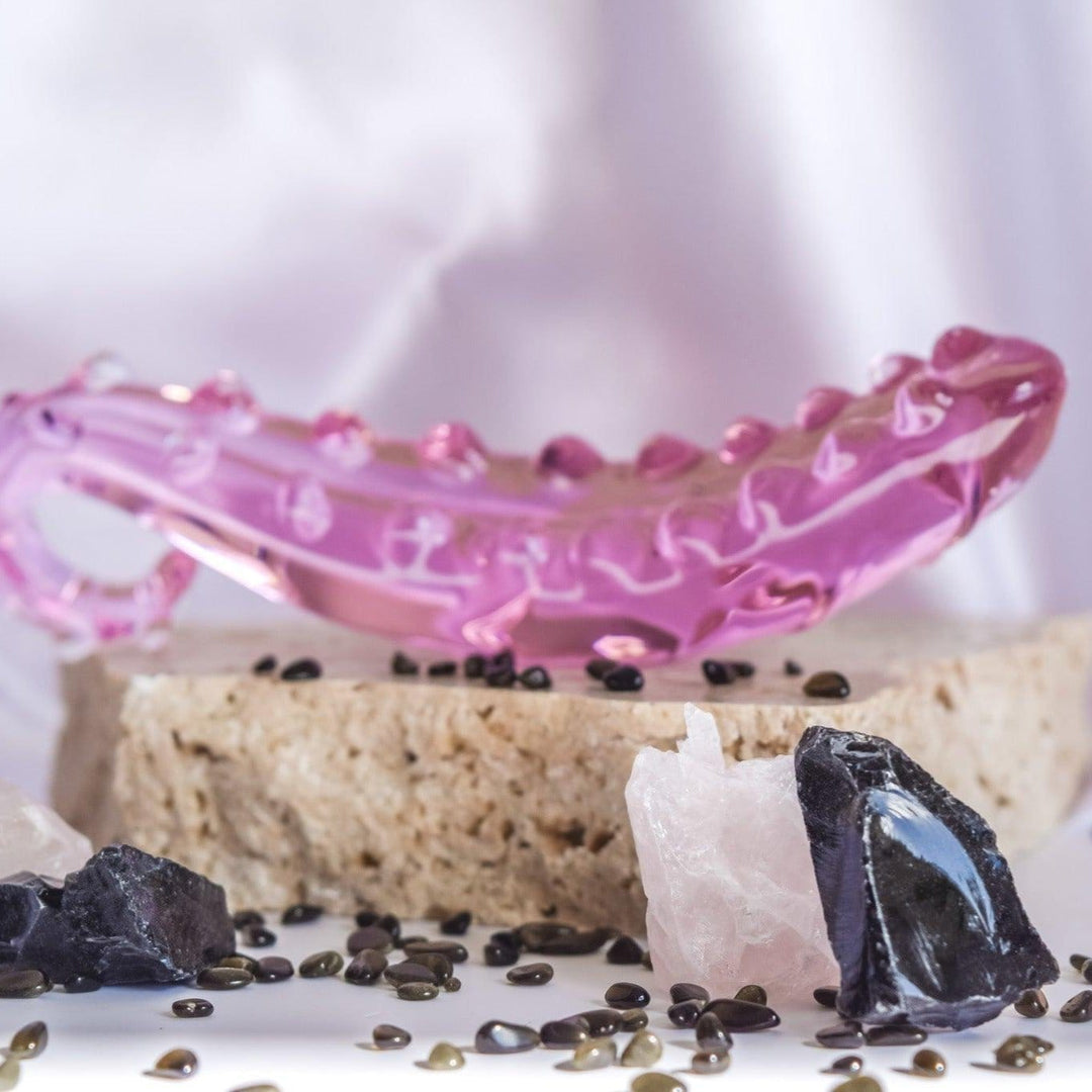 Gaiae Glass Wands  Ribbed Squirting Toy •  G-Spot • o natural stone, black obsidian crystals 