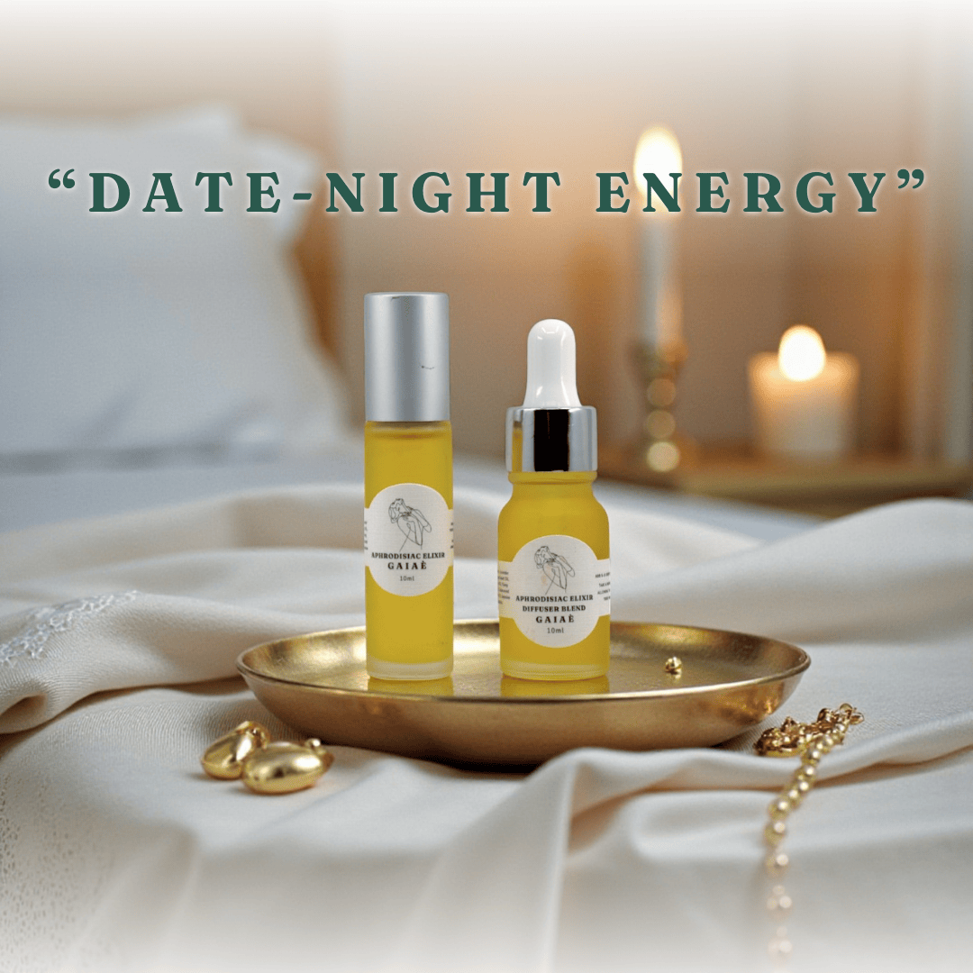 Gaiae Aphrodisiac Oils aphrodisiac essential oils • Aphrodisiac Diffuser Blend Open heart. Sacred seduction on table on bed, candles and moon lighting 