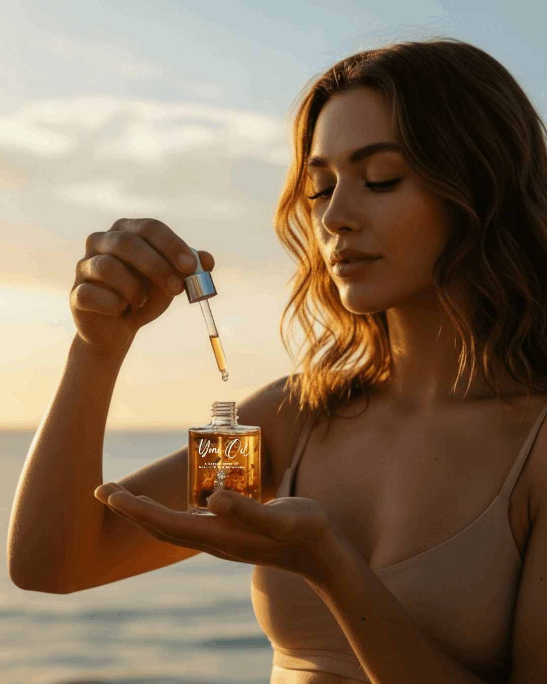 Woman applying Natural Yoni Oil (Vulva Oil) with dropper against a scenic sunset background.Yoni Ritual Kit • Yoni Care Bundle • Self-Love Gift Set • Rose Quartz Egg Set