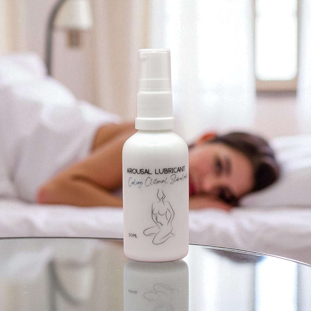 Gaiae Clitoral Arousal Oil  Warming & Cooling Arousal Lubricant. lady in background on bed breathless