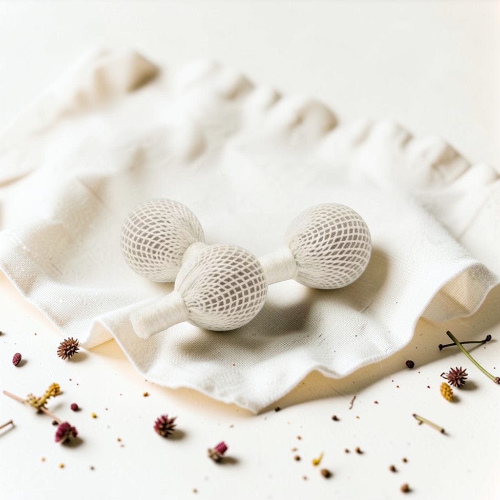 Gaiaè Organic Yoni Pearls for feminine wellness and natural cleansing. Pink mesh balls with string.