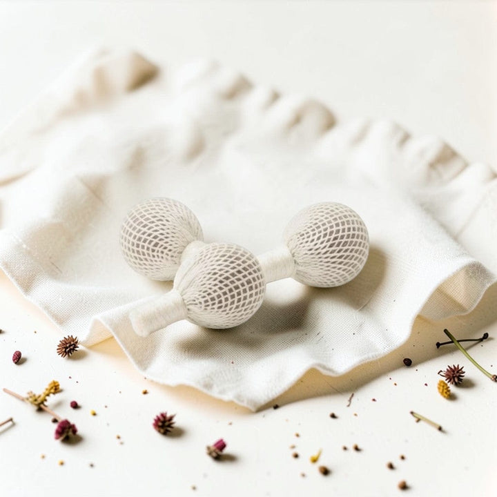 Gaiaè Organic Yoni Pearls for feminine wellness and natural cleansing. Pink mesh balls with string.