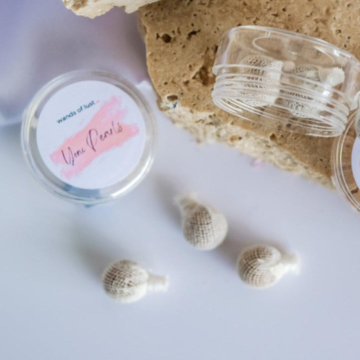 Gaiae Pk of 3 Yoni Pearls white bench, stone background