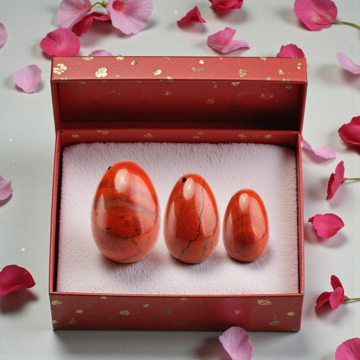 Red Jasper Yoni Egg sitting in a red gift box with rose petals • Sexual Energy • Root Chakra Grounding • Endurance Stone