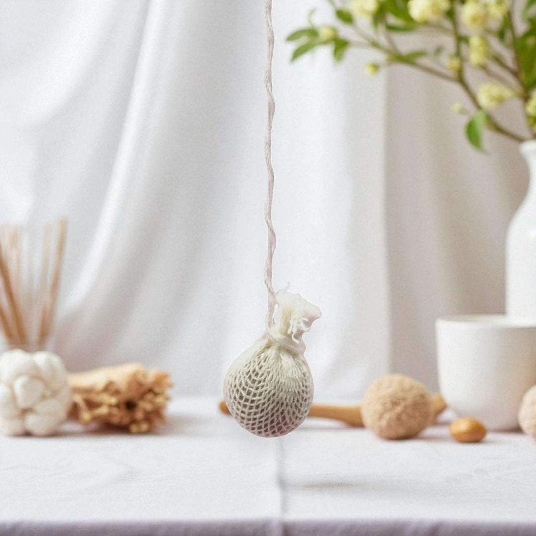 Gaiae Yoni Pearls hanging with white cloth background